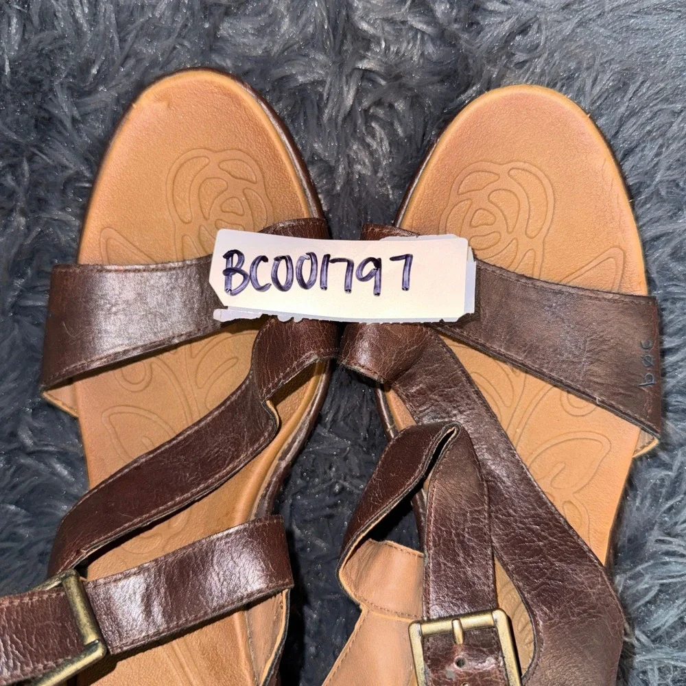 b.o.c. Born Concept Brown Wedge Sandals Womens 11M T-Strap Adjustable Buckle